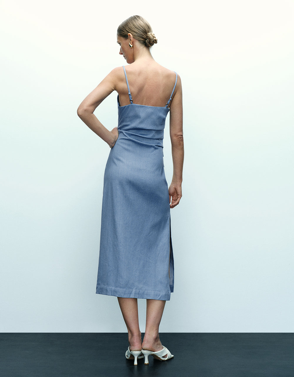 Ruched Off-Shoulder Cami Denim Dress