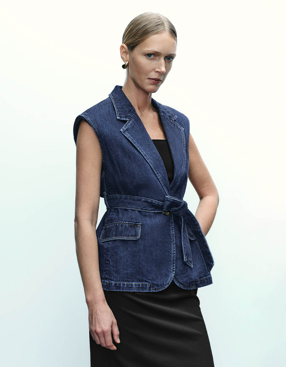 V-Neck Denim Waistcoat With Belt