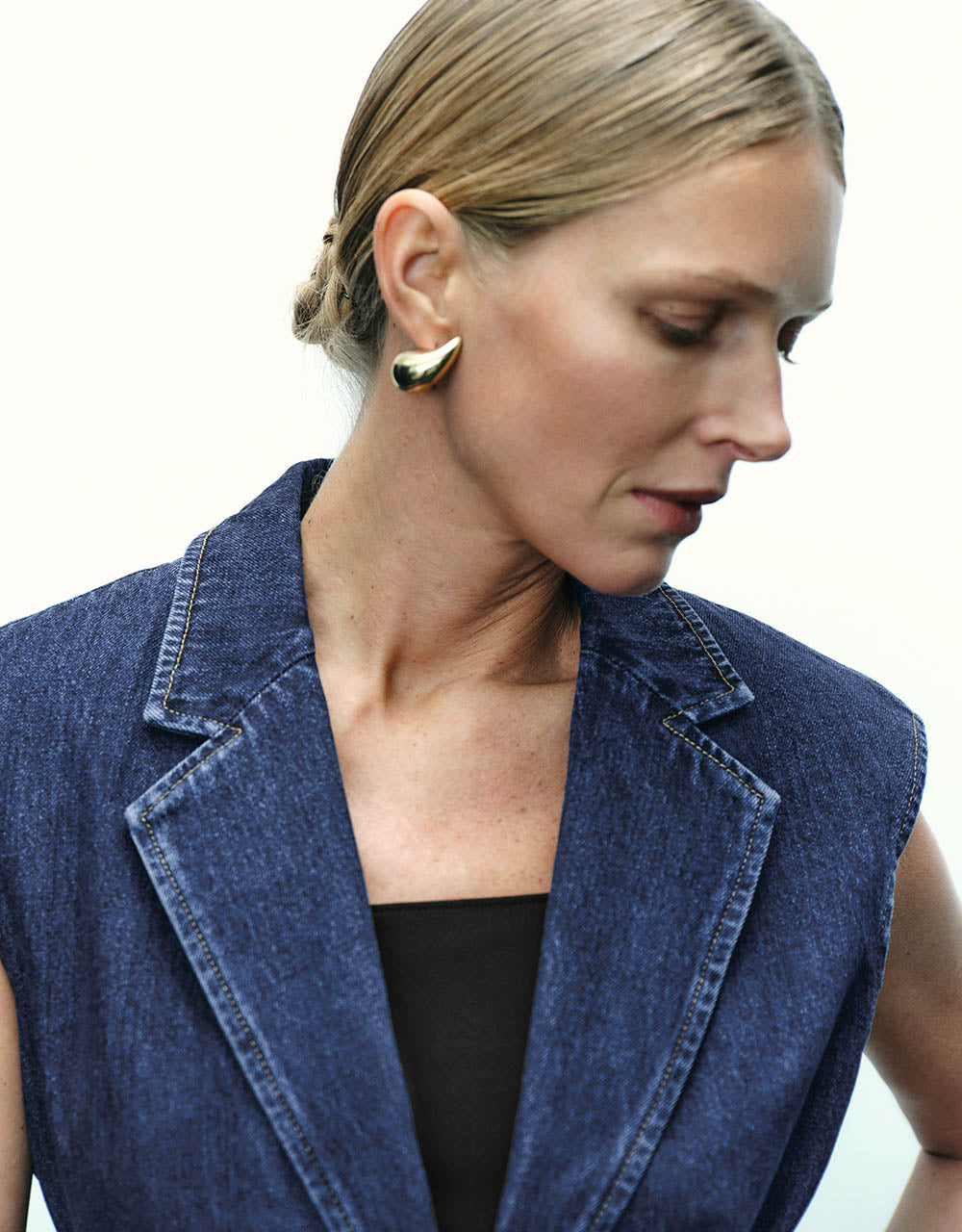 V-Neck Denim Waistcoat With Belt