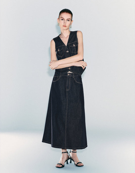 Midi A-Line Denim Skirt