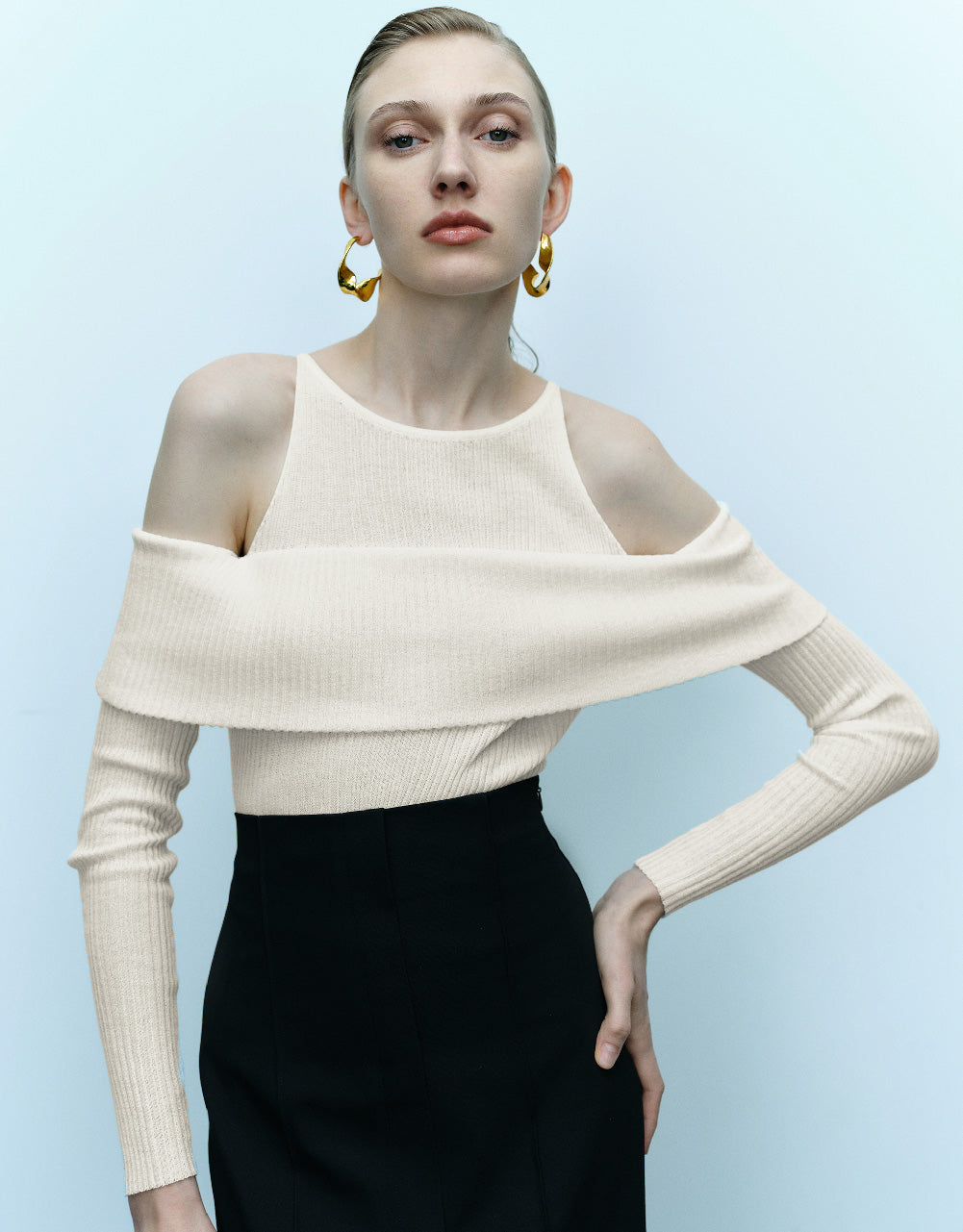 Drop Shoulder Sleeve Off-Shoulder Knitted T-Shirt