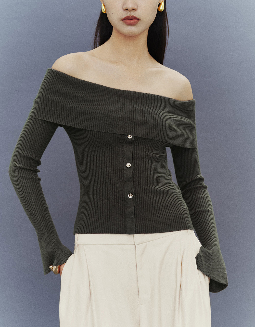 Off-Shoulder Skinny Knitted T-Shirt