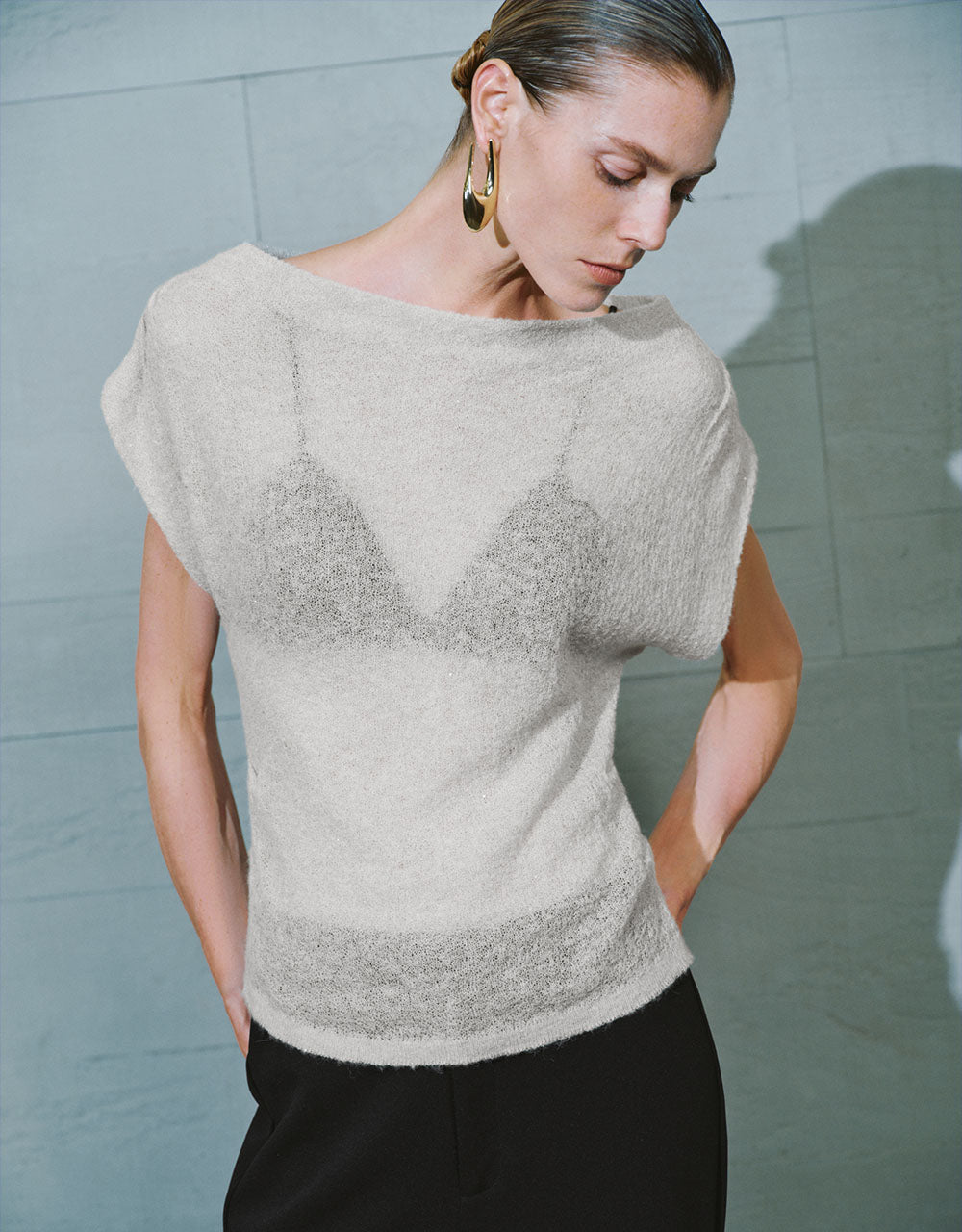 Crew Neck Sheer Knitted T-Shirt