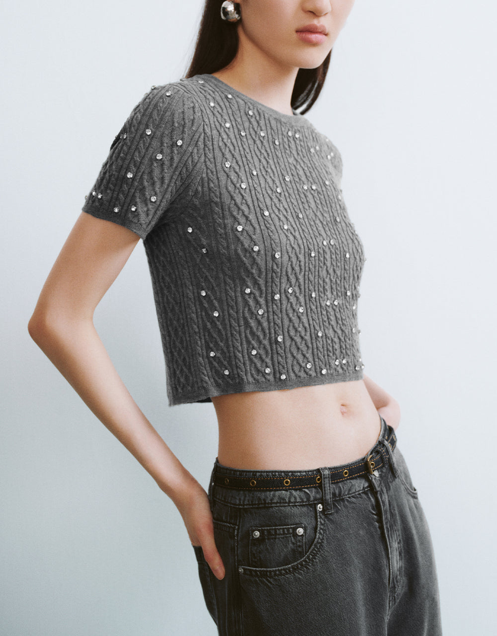 Rhinestone Décor Crew Neck Knitted T-Shirt