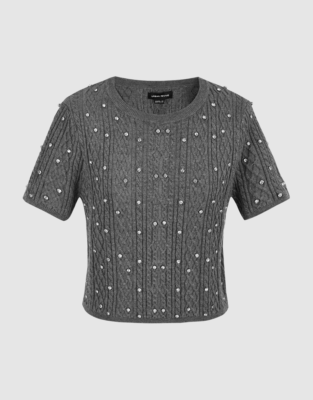 Rhinestone Décor Crew Neck Knitted T-Shirt