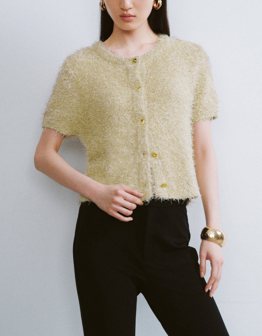 Fuzzy Crew Neck Knitted Cardigan