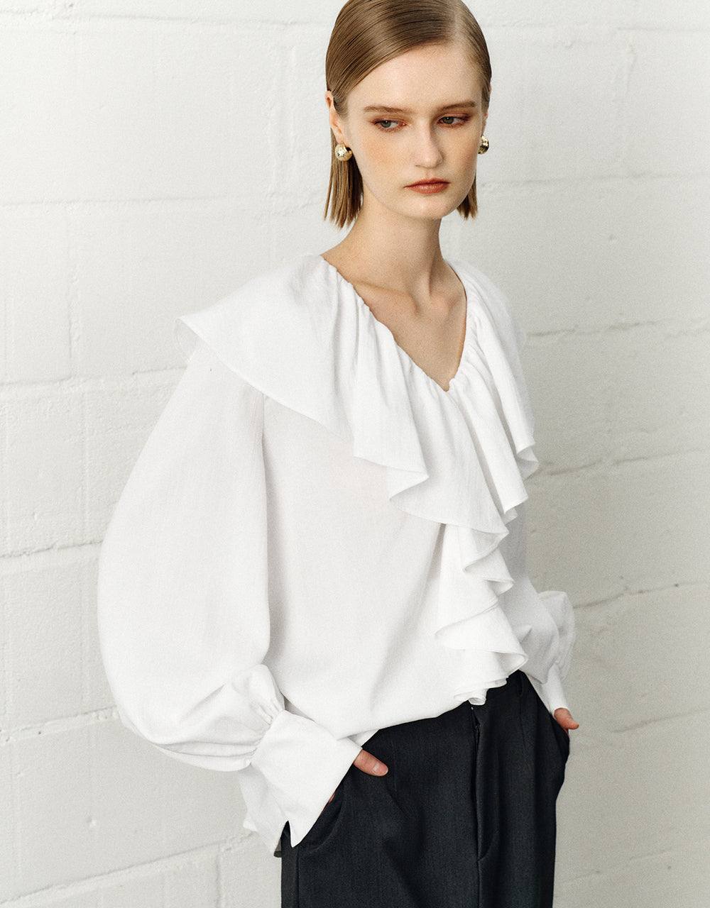 Ruffle V-Neck Overhead Shirt