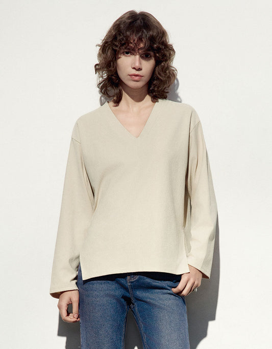 Drop Shoulder Sleeve V-Neck Knitted T-Shirt