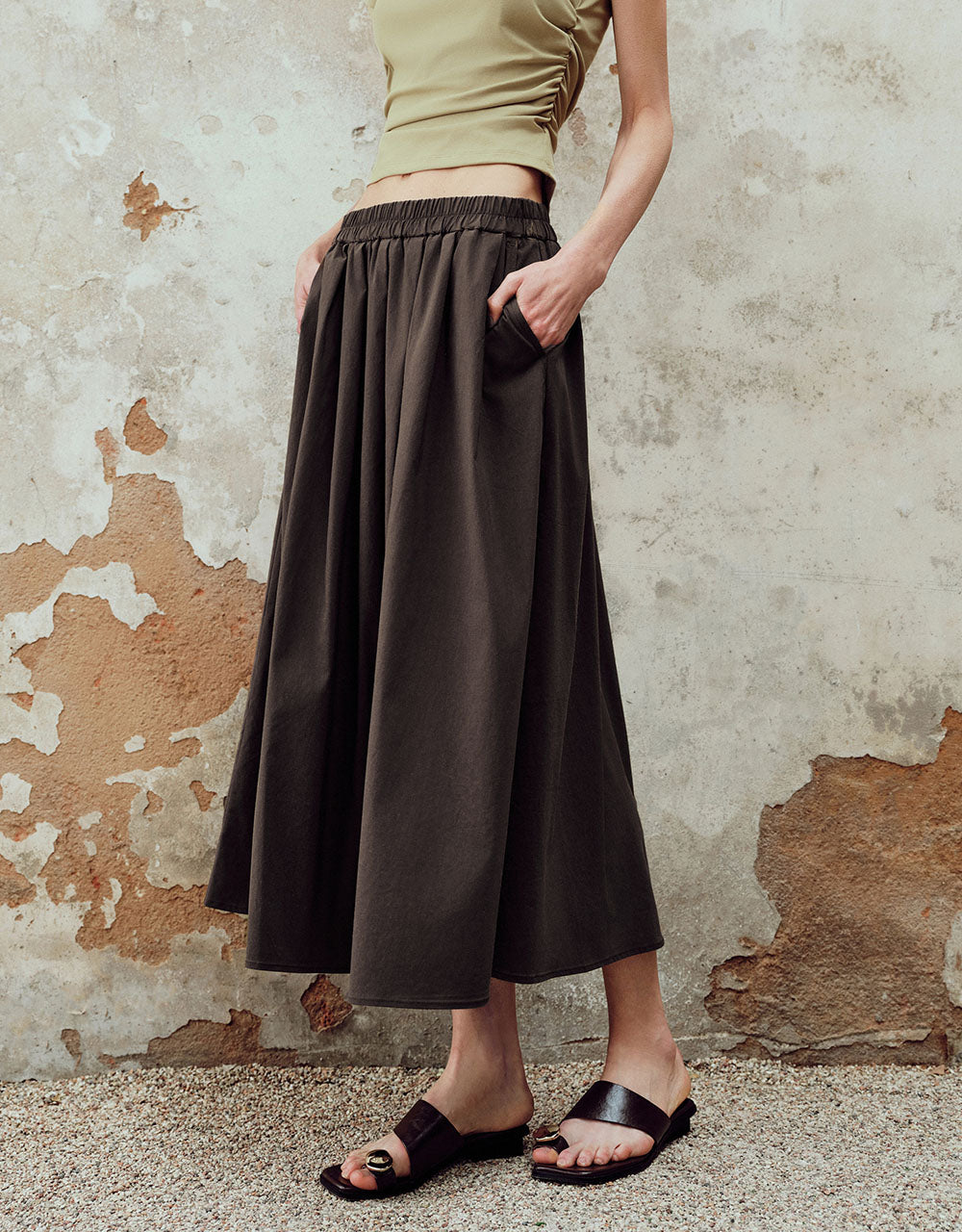 Elastic Waist Midi A-Line Skirt