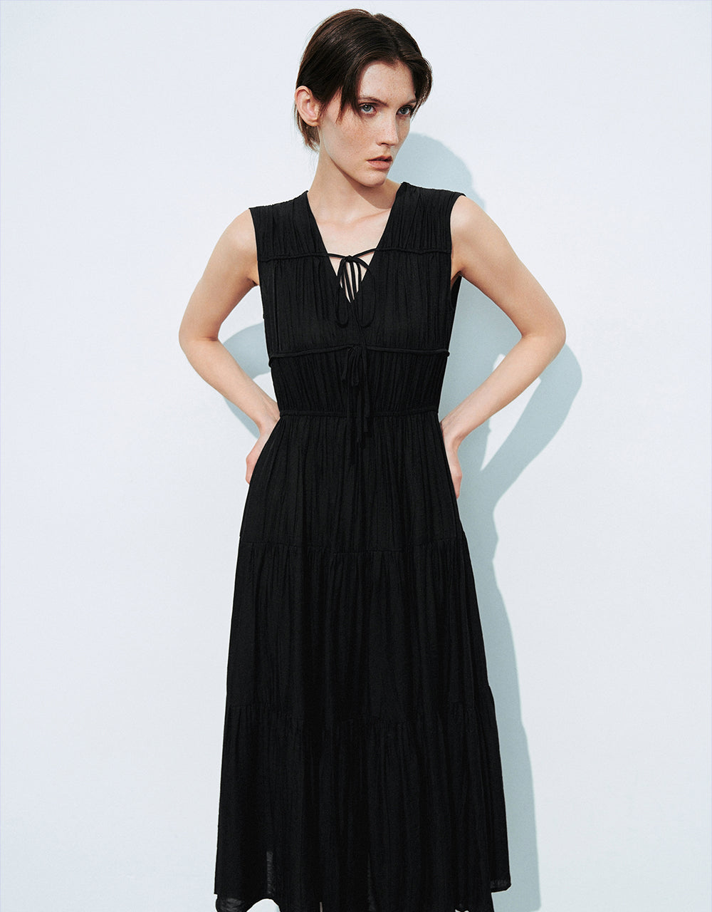 Tie Front Sleeveless V-Neck A-Line Dress