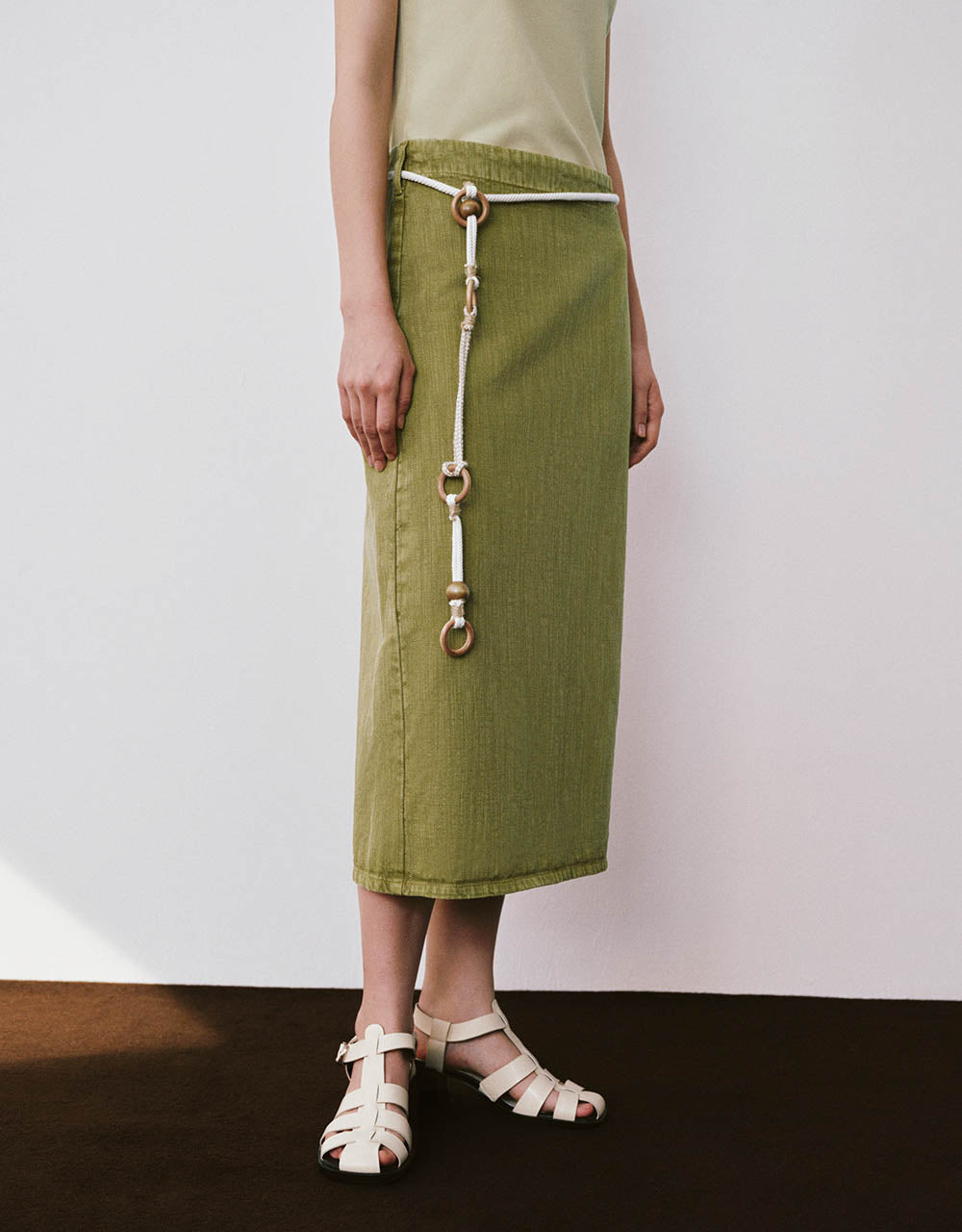 Straight Midi Denim Skirt With Rope