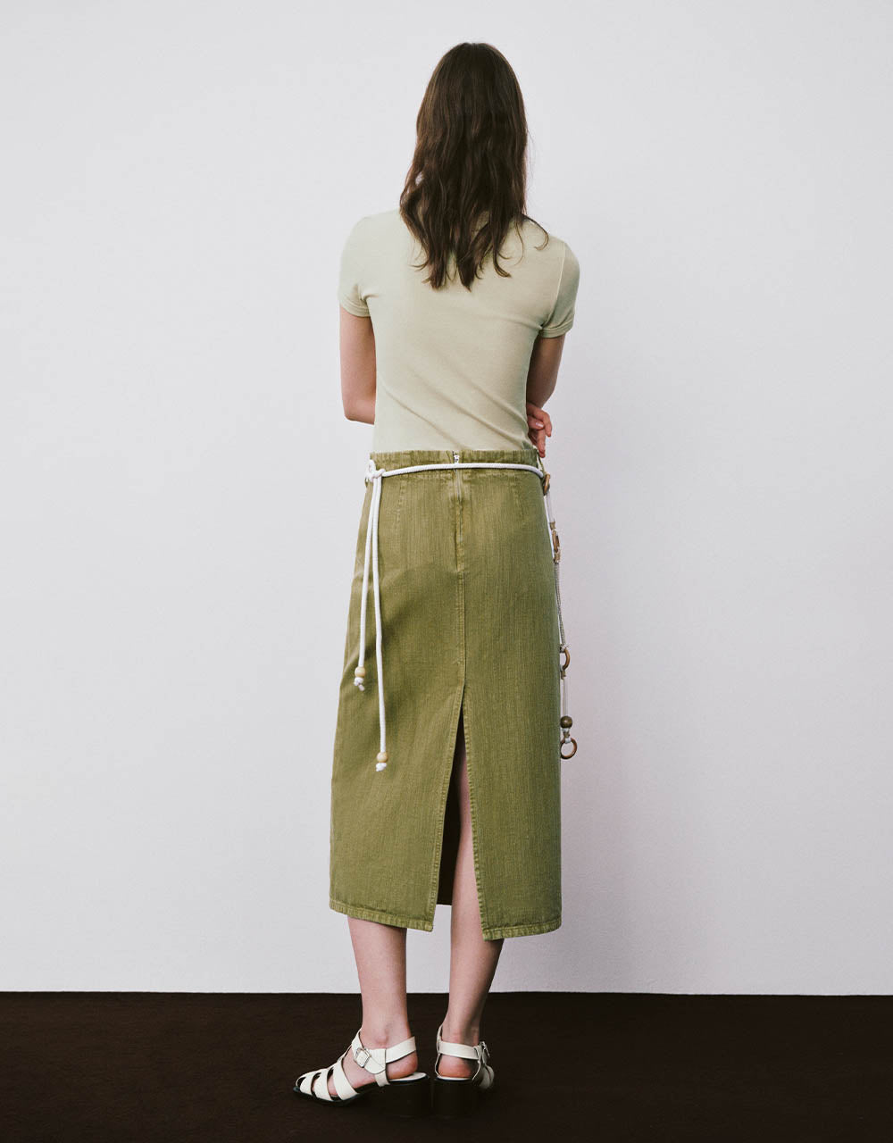 Straight Midi Denim Skirt With Rope