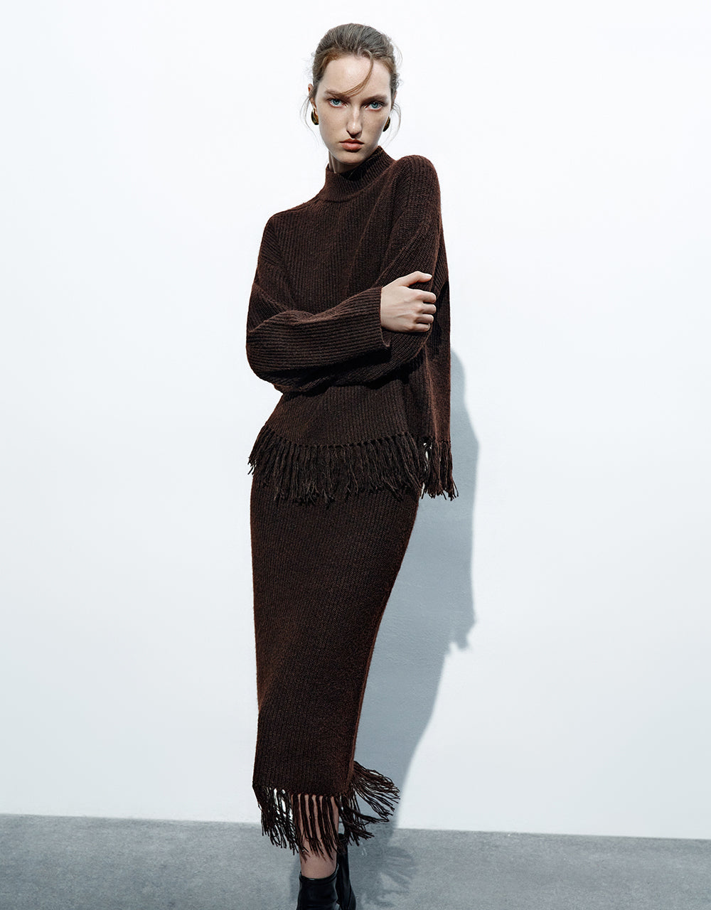 Raw Hem Straight Midi Knitted Skirt