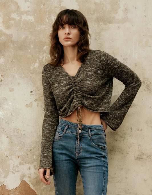 Lace Up V-Neck Knitted T-Shirt