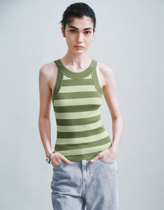 Striped Crew Neck Knitted Tank Top