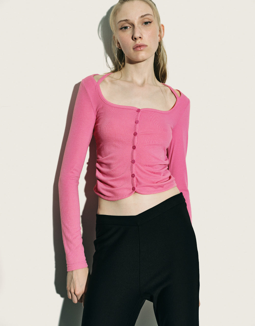 Ruched Crew Neck Knitted Top