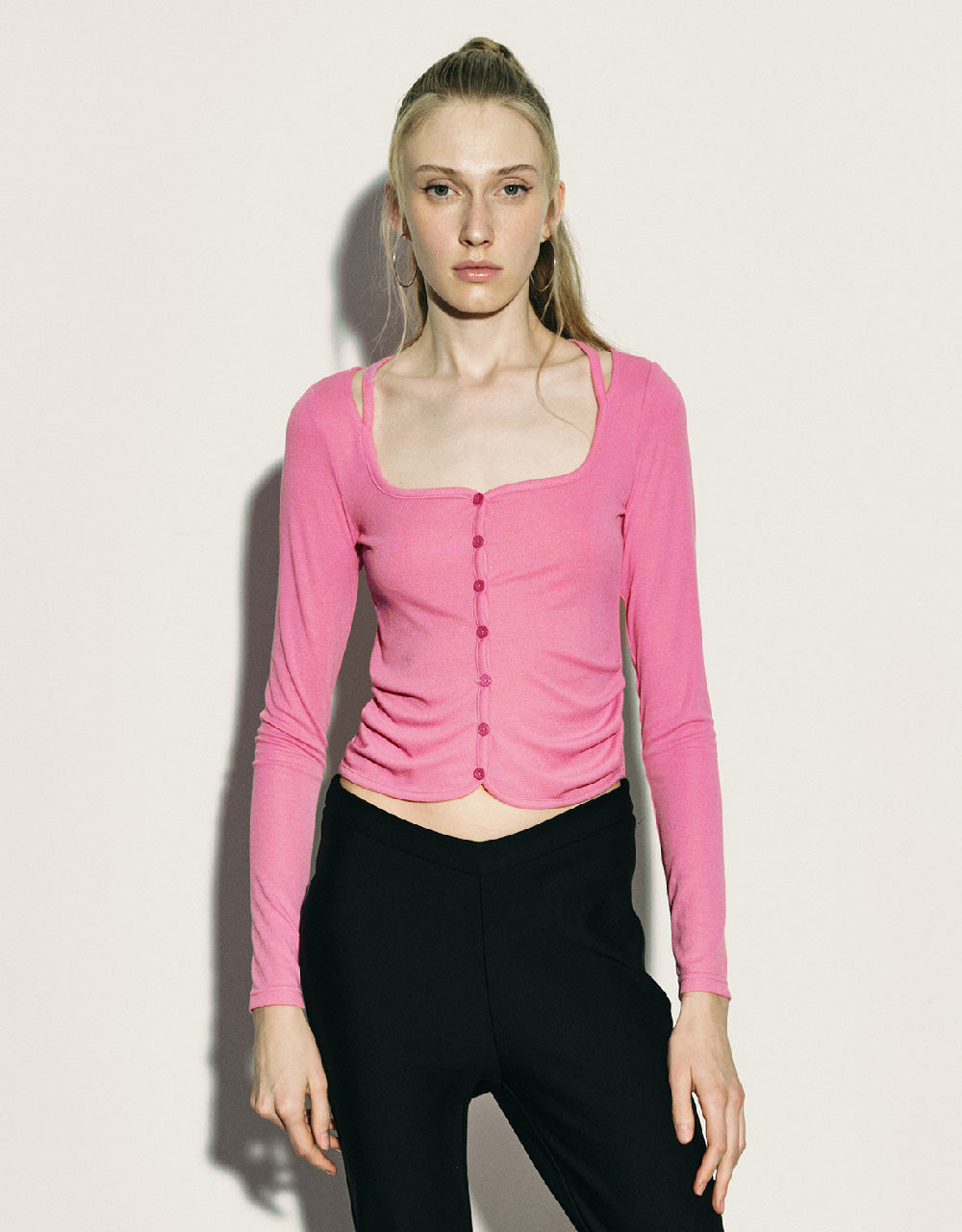 Ruched Crew Neck Knitted Top