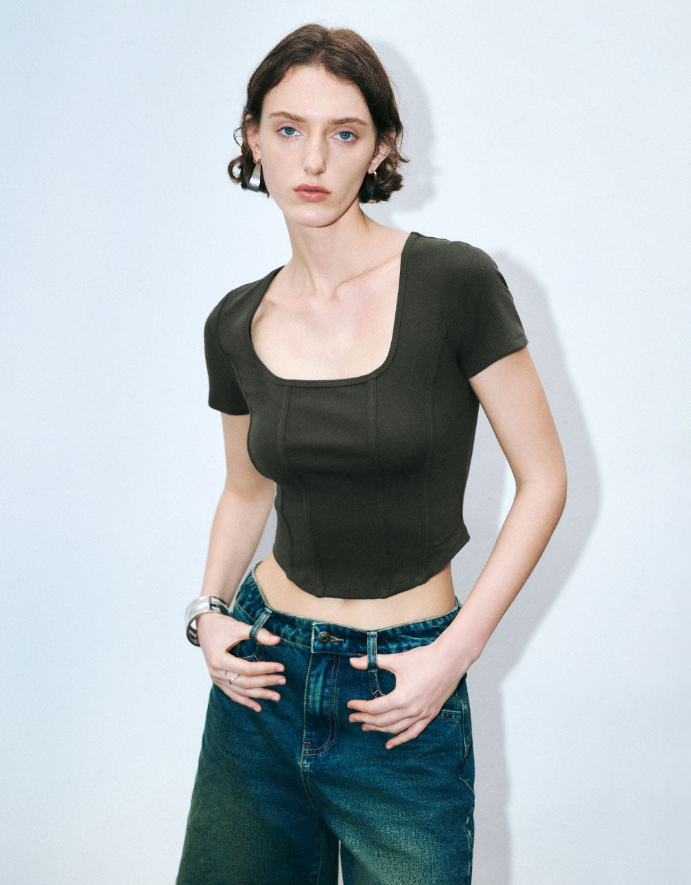 Square-cut Collar Skinny T-Shirt