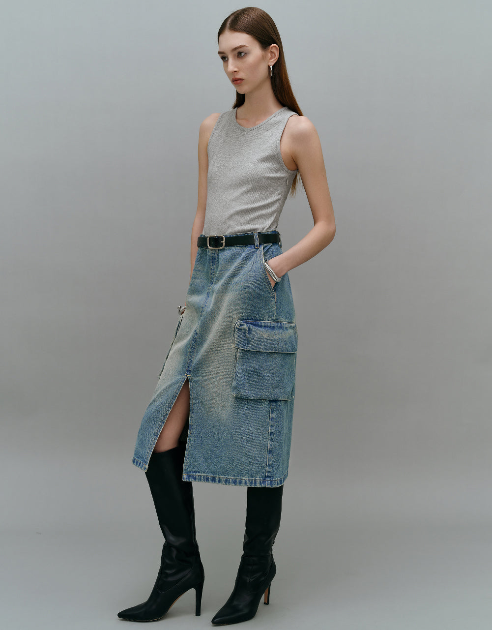 Sleeveless 2 In 1 Crew Neck Denim Dress