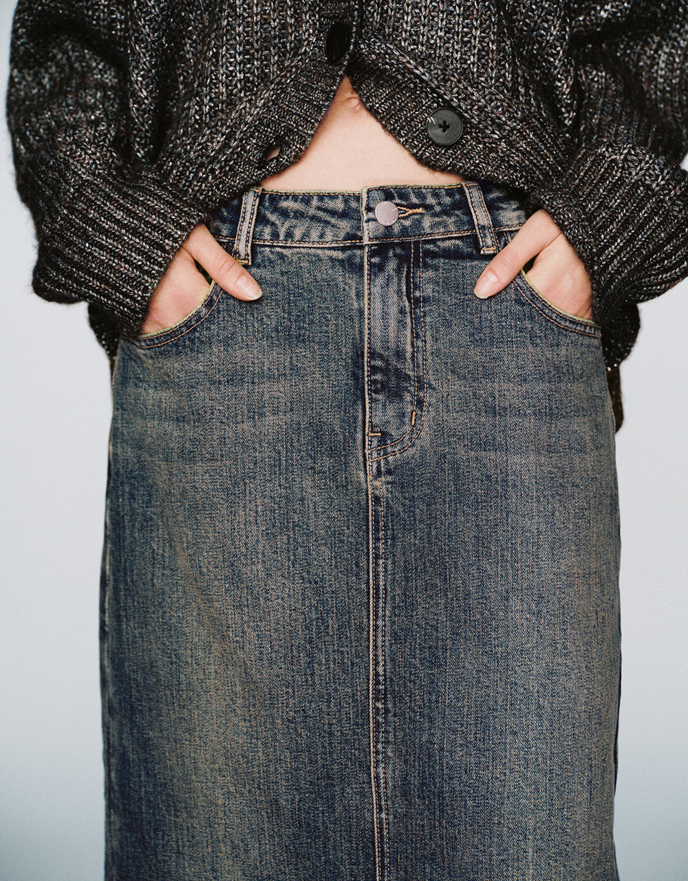 Raw Hem Midi Straight Denim Skirt