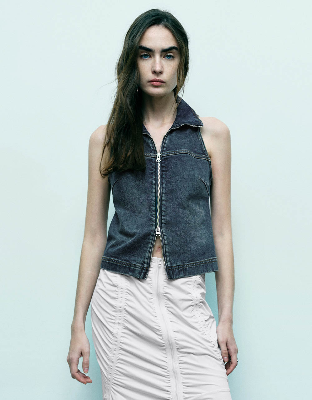 Zipper Front Denim Waistcoat