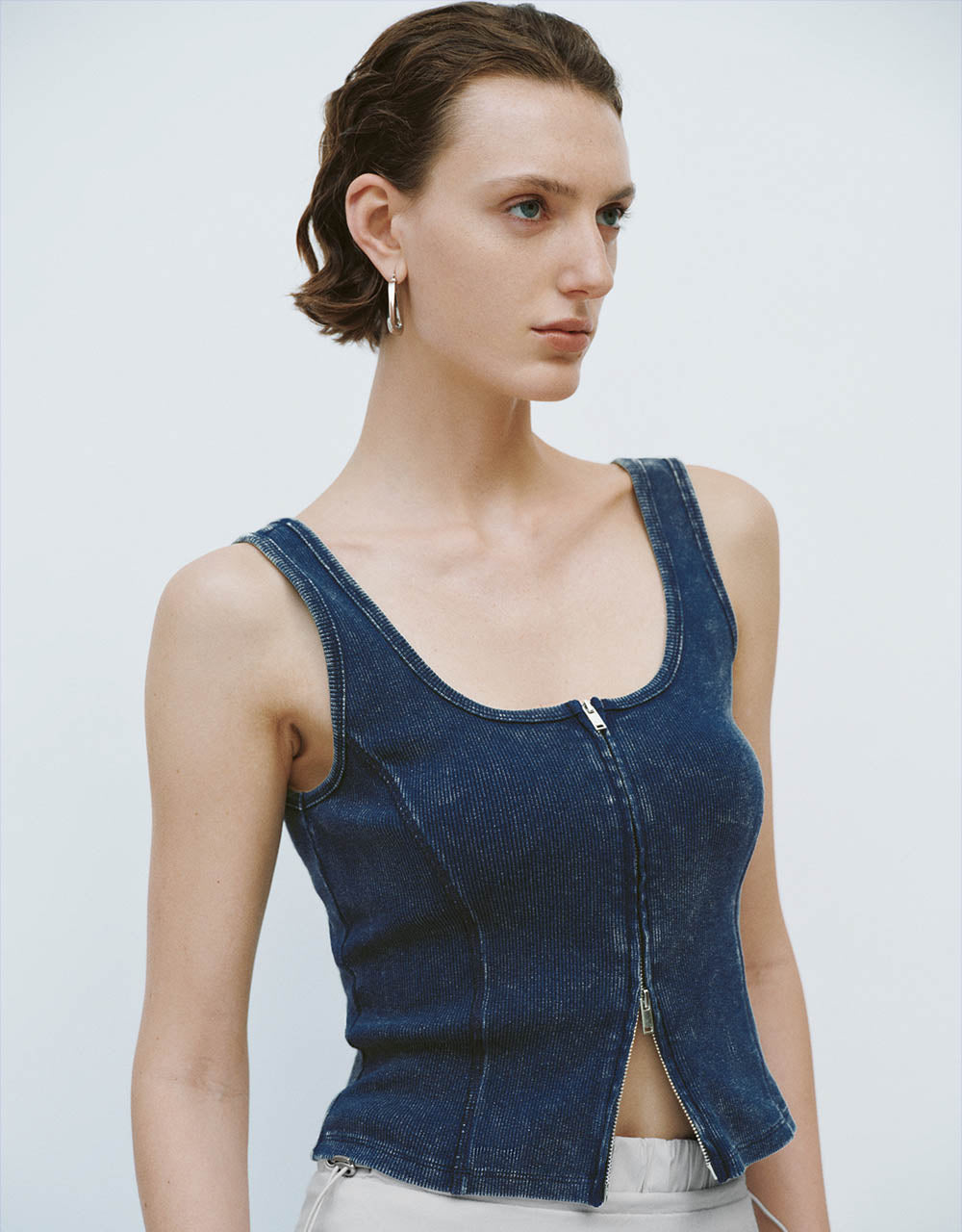 Zipper Front U Neck Denim Vest