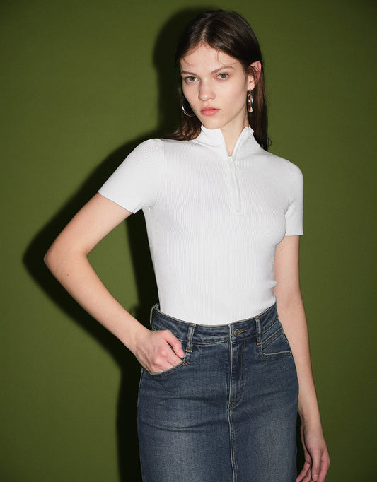 Zip Half Placket Knitted T-Shirt