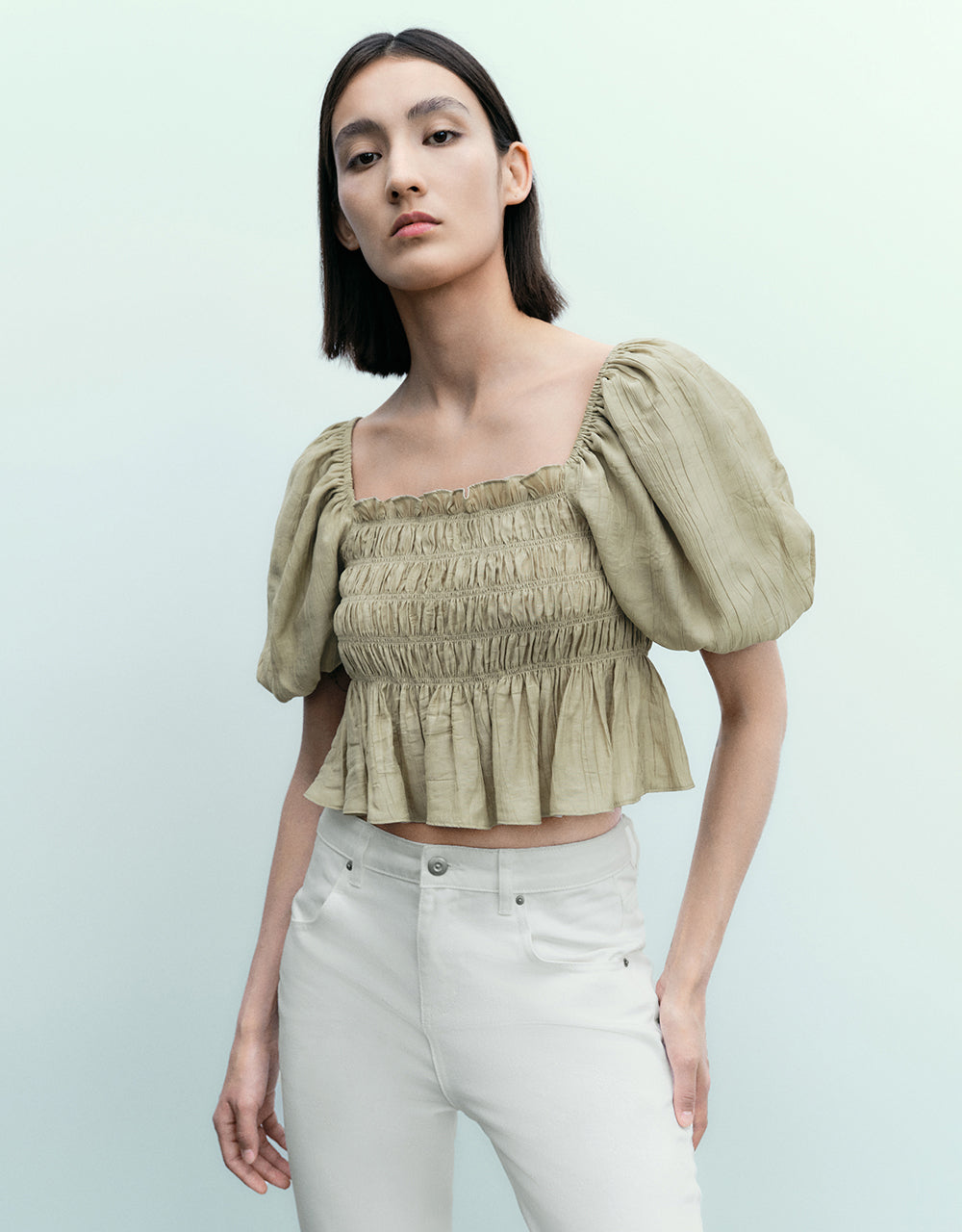 Puff Sleeve Square-Cut Collar Overhead Shirt