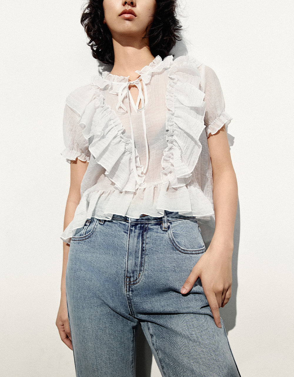 Ruffle Puff Sleeve V-Neck Blouse