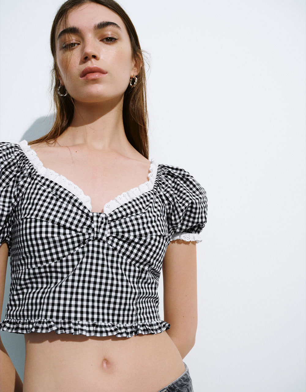 Gingham Sweetheart Neck Blouse