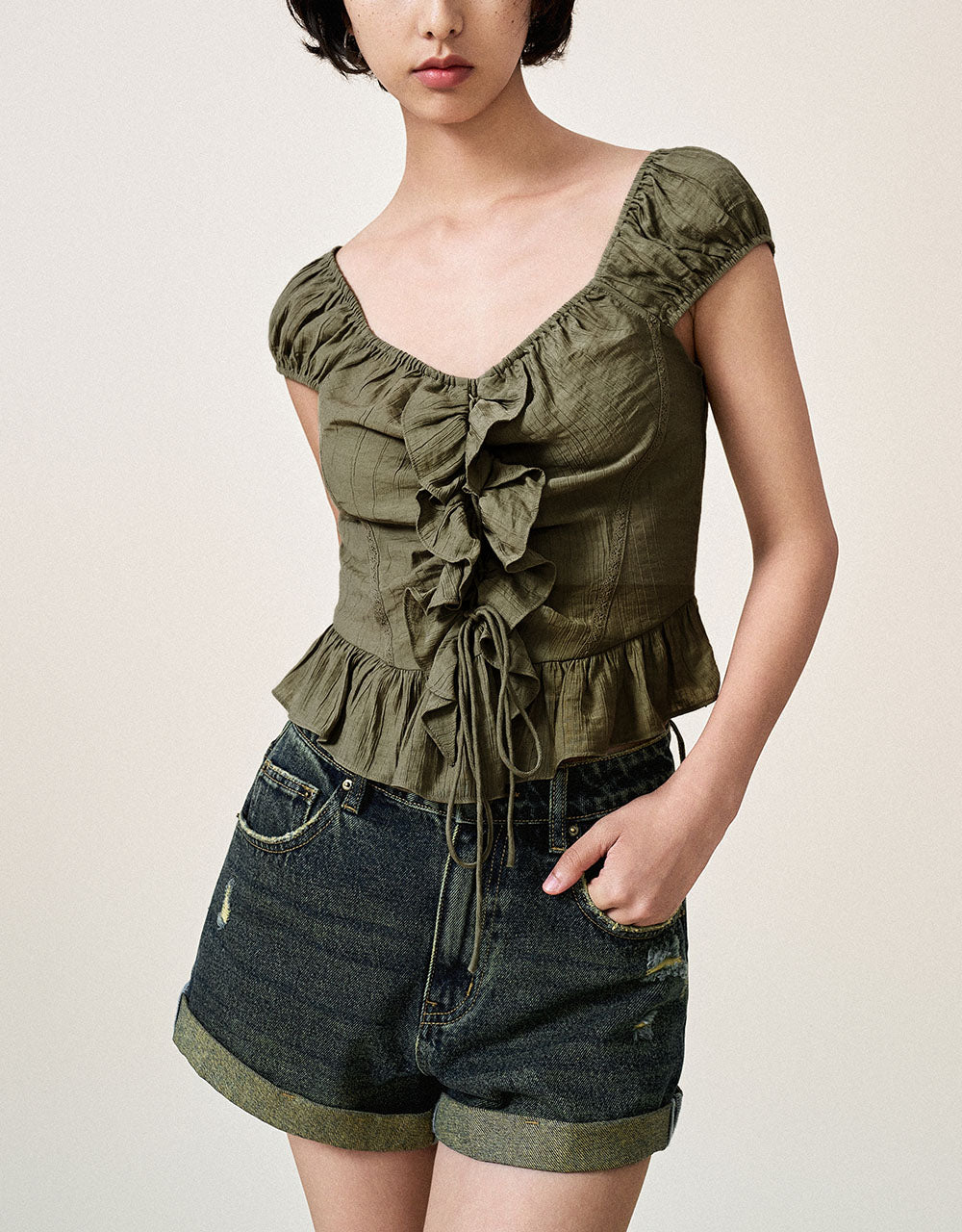 Square-cut Collar Ruffle Blouse