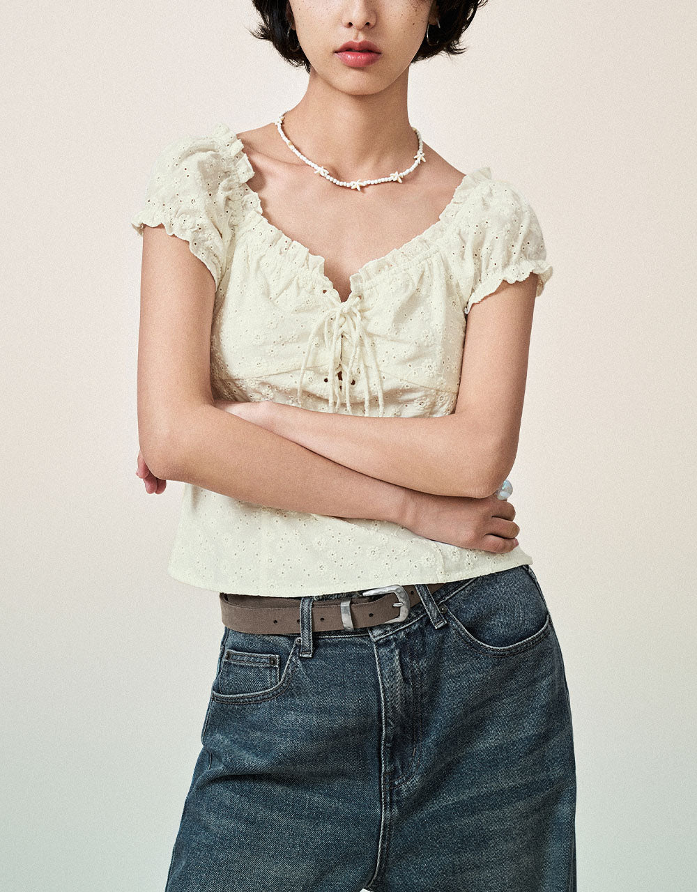 Square-cut Collar Lace Up Blouse