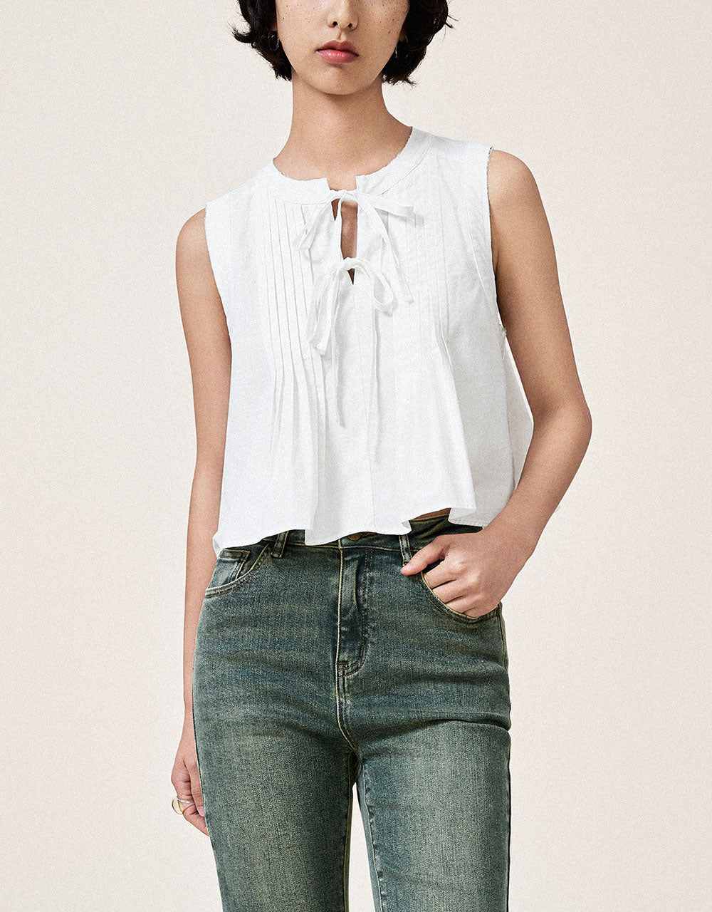 Sleeveless Tie Front Blouse