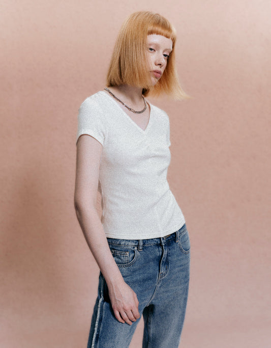 Knitted V-Neck Skinny T-Shirt