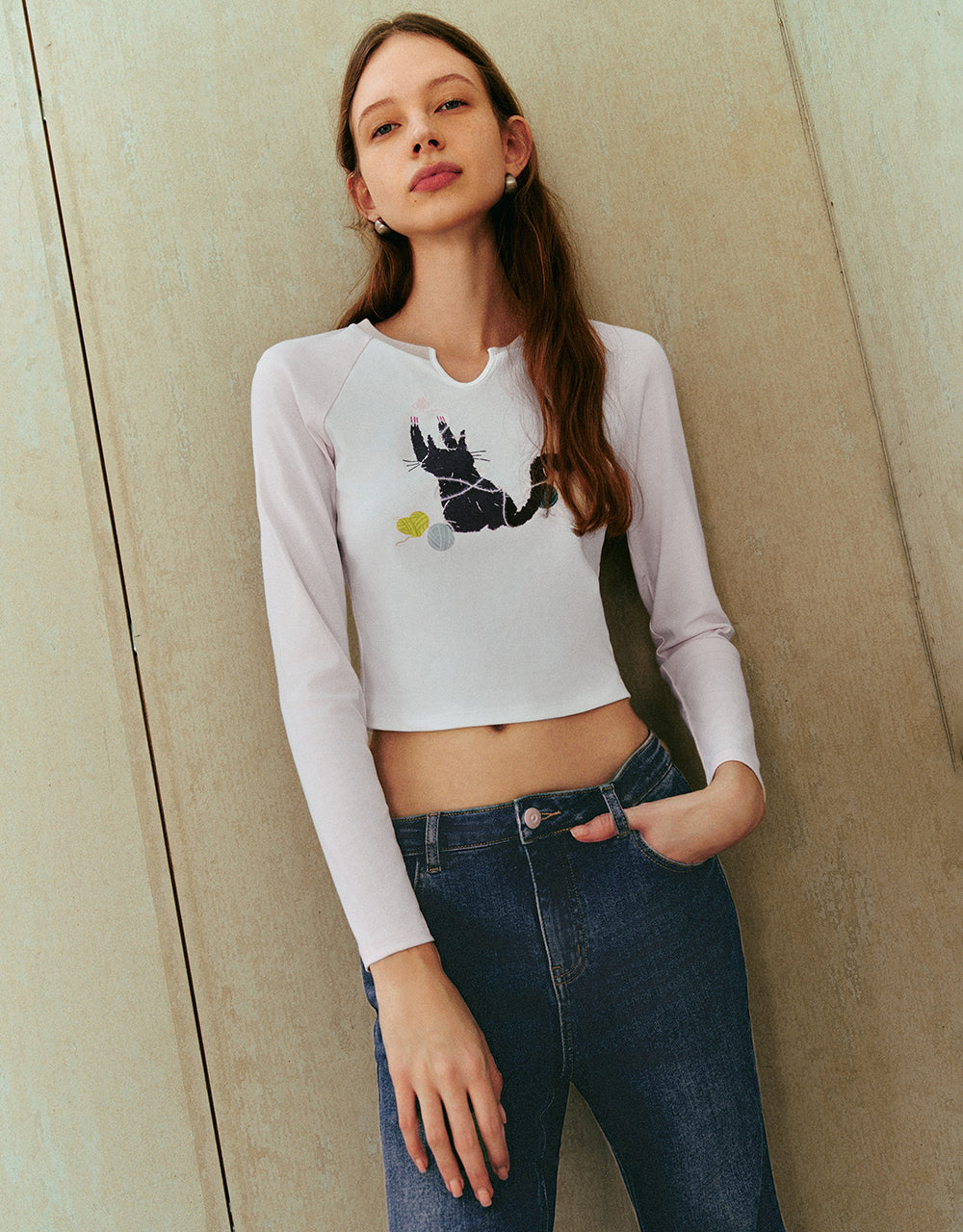 Kitty Printed Raglan Sleeve Skinny T-Shirt