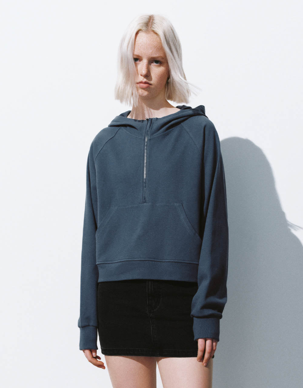 Zip Half Placket Hooded Loose T-Shirt