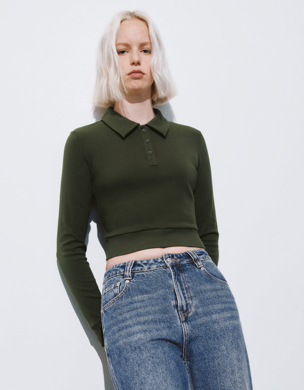 Button Half Placket Cropped Knitted T-Shirt