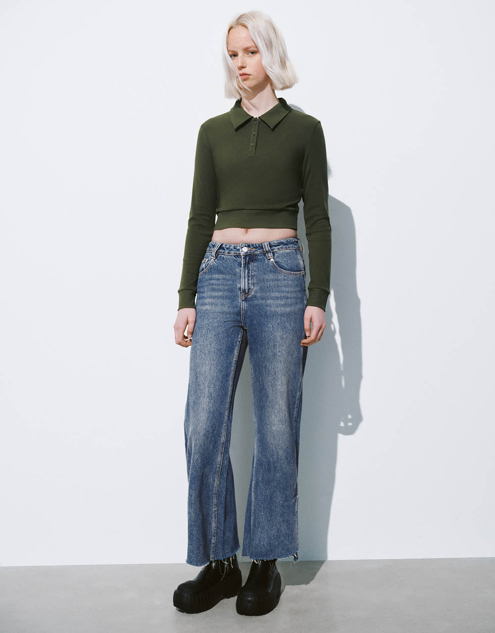 Button Half Placket Cropped Knitted T-Shirt