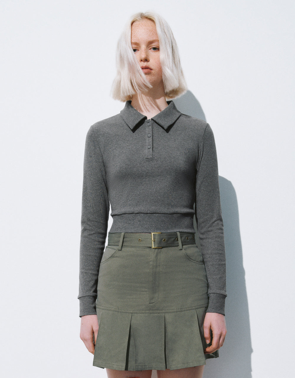 Button Half Placket Cropped Knitted T-Shirt