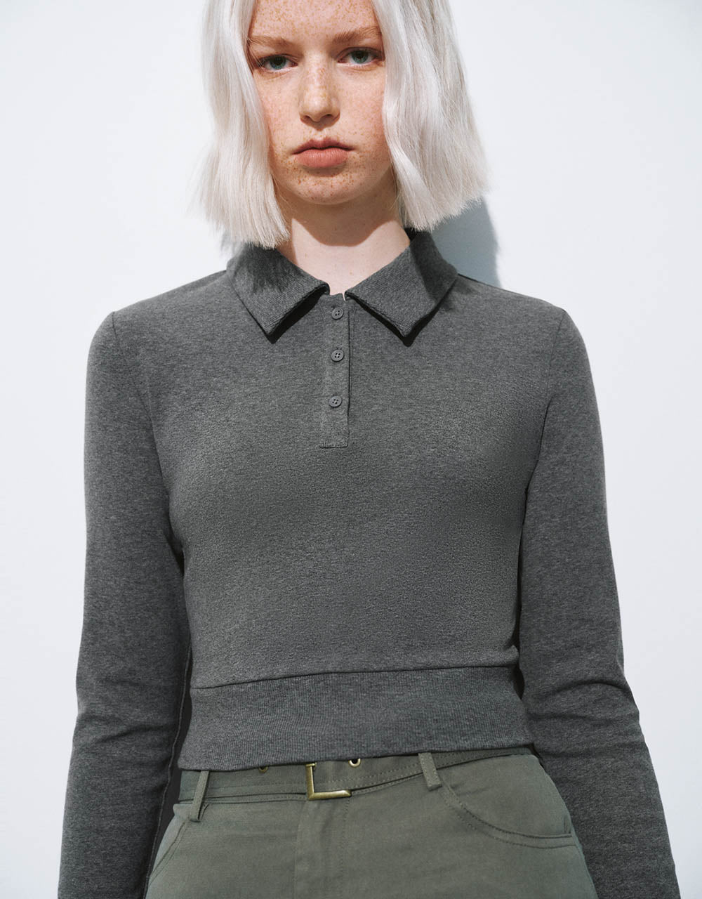 Button Half Placket Cropped Knitted T-Shirt