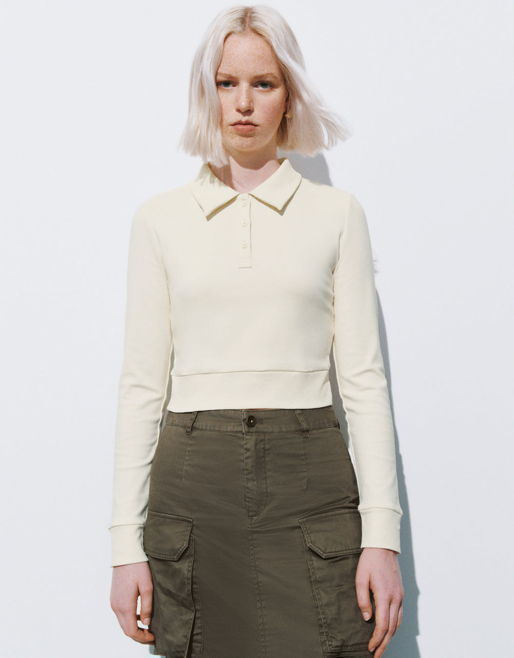 Button Half Placket Cropped Knitted T-Shirt