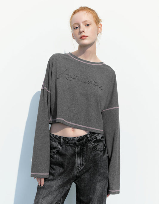 Letter Embossed Crew Neck Straight T-Shirt