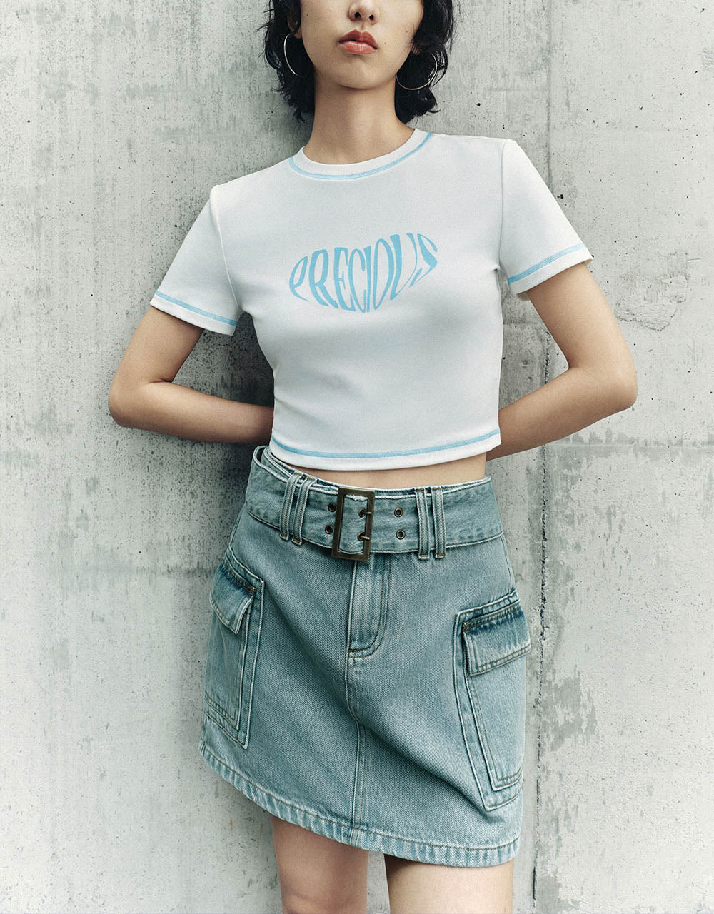 Letter Printed Crew Neck Skinny T-Shirt