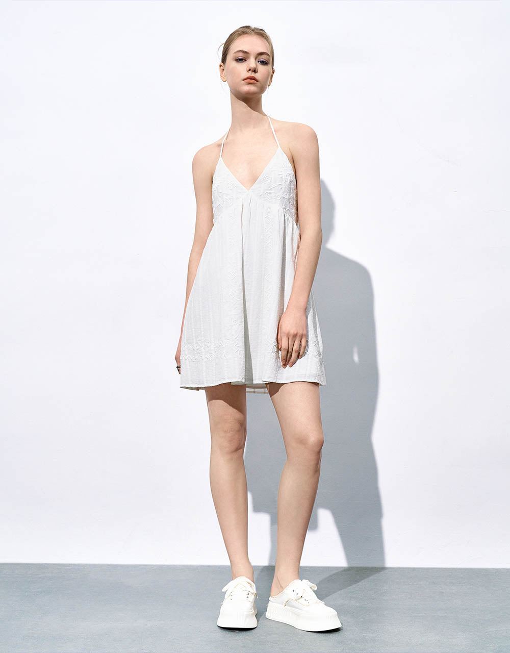 Embossed Halter Neck A-Line Dress