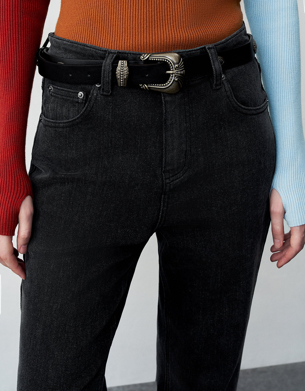 Raw Hem Straight Jeans With Belt