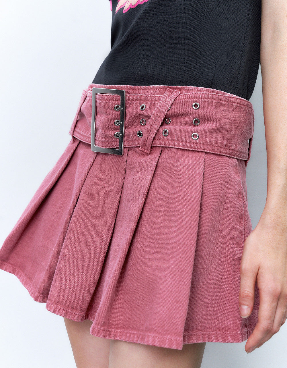 Pleated Mini A-Line Denim Skirt