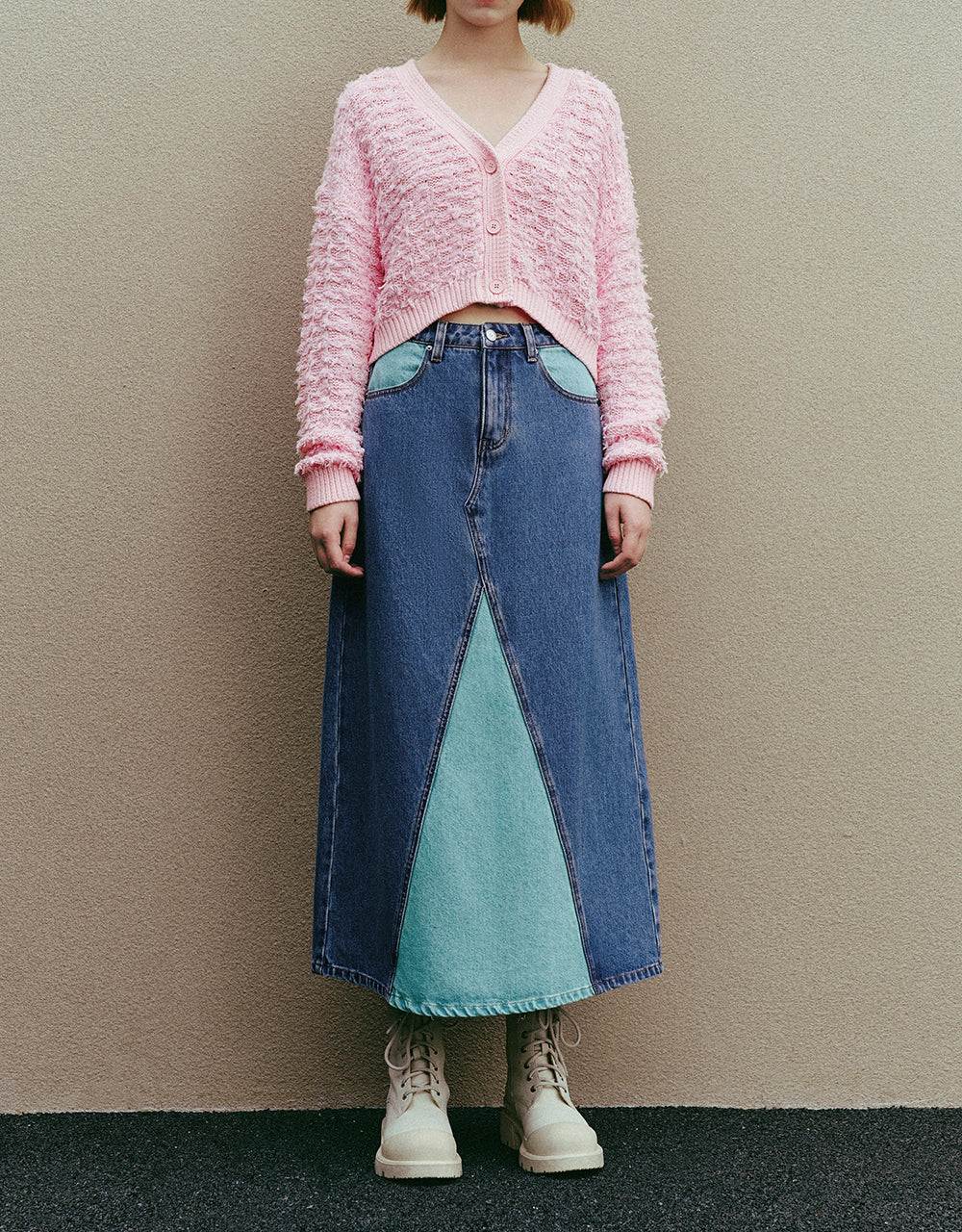 Two Toned Midi A-Line Denim Skirt