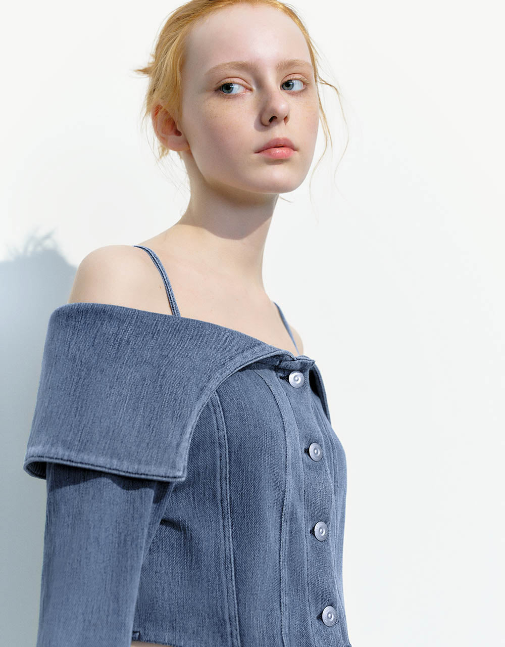 Butterfly Sleeve Off-Shoulder Denim Shirt