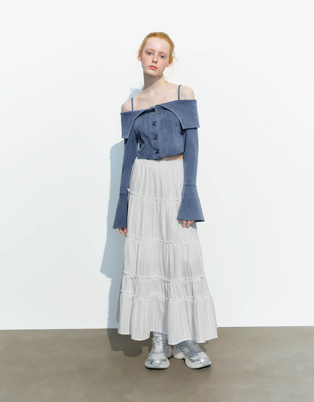 Butterfly Sleeve Off-Shoulder Denim Shirt