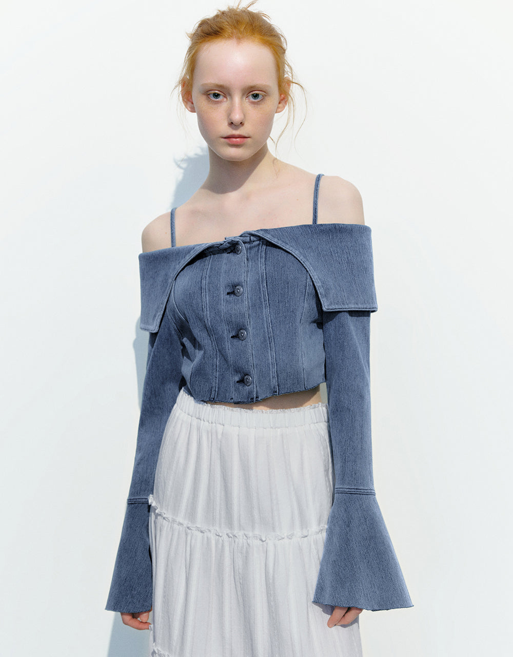 Butterfly Sleeve Off-Shoulder Denim Shirt